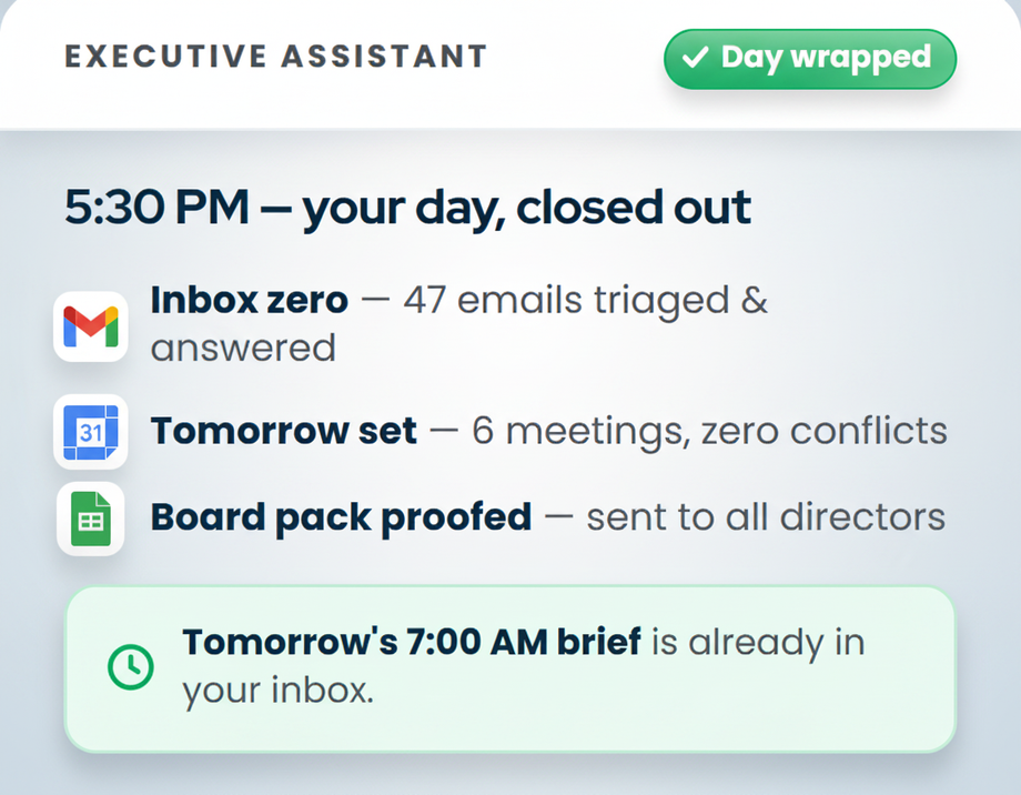 Executive assistant day report: inbox zero, tomorrow set, board pack sent