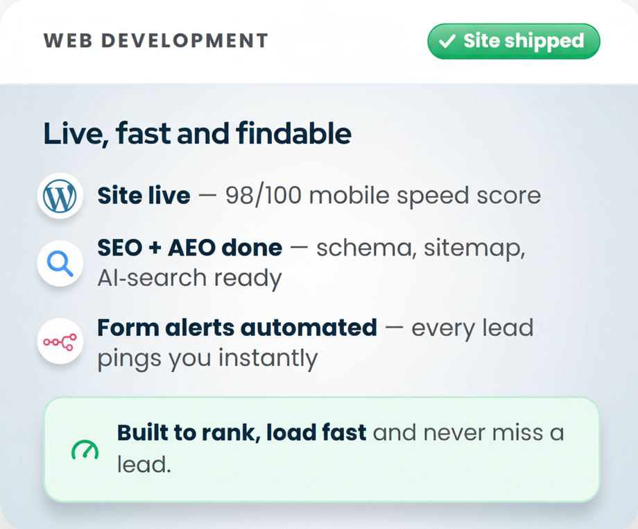 Website shipped: live and fast, SEO and AEO done, form alerts automated