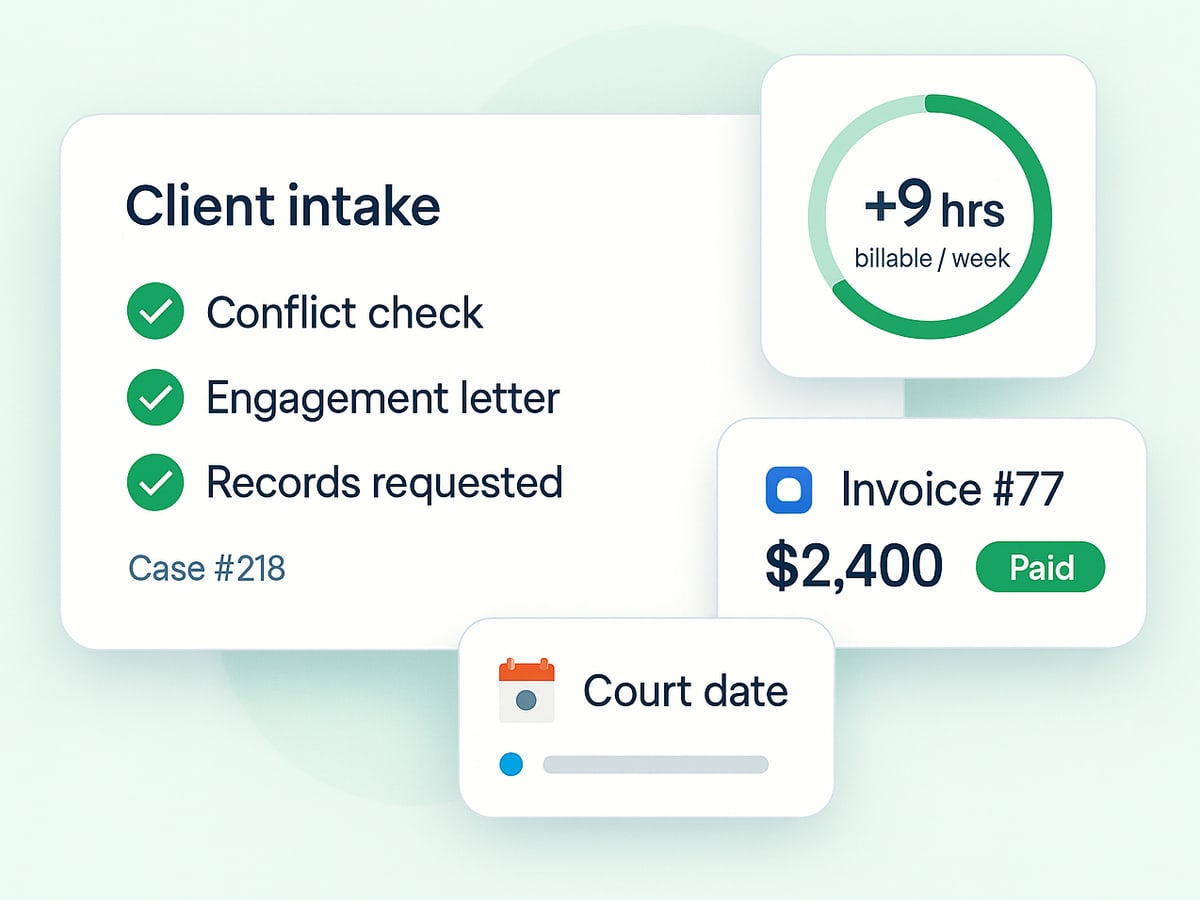 Client intake checklist completed, nine extra billable hours a week, an invoice paid and a court date on the calendar