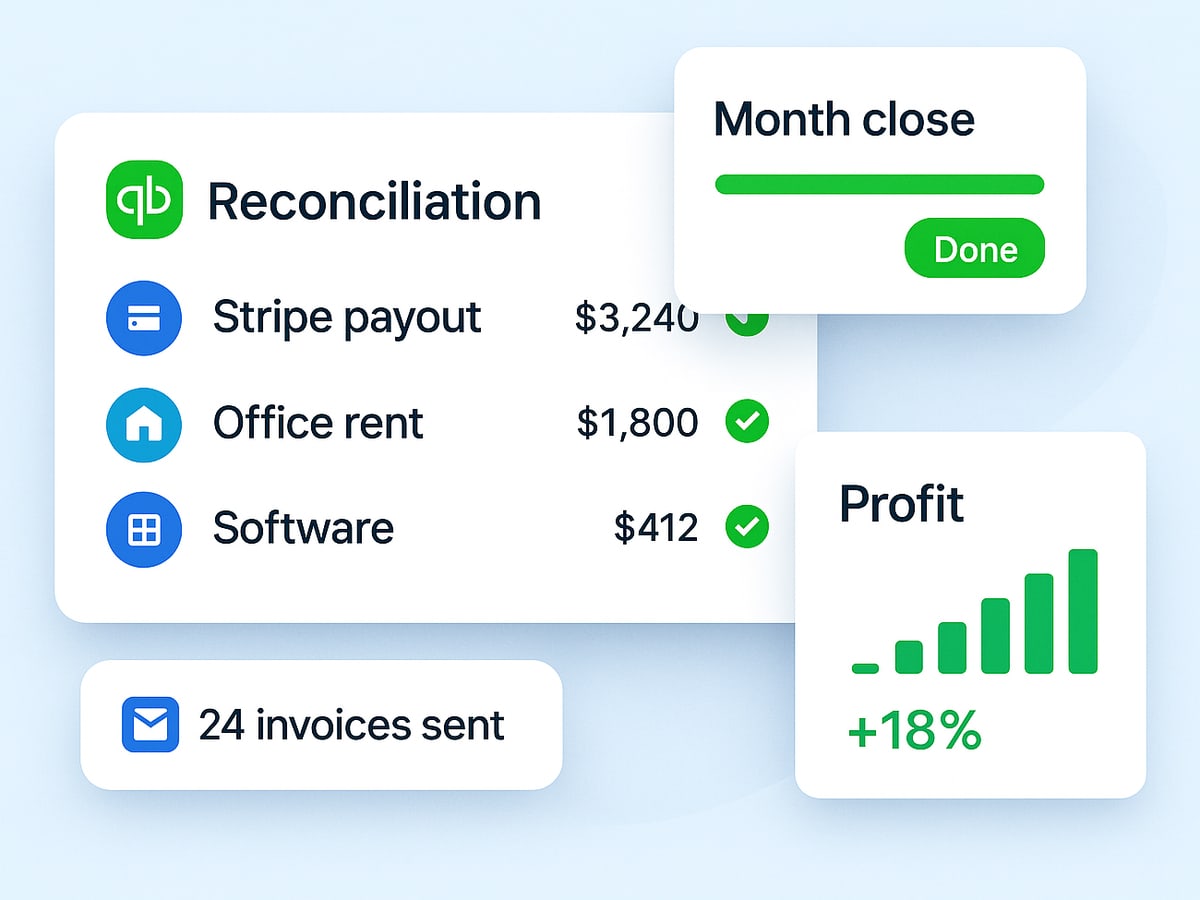 QuickBooks reconciliation with payouts, rent and software ticked off, month close done, profit up 18% and 24 invoices sent