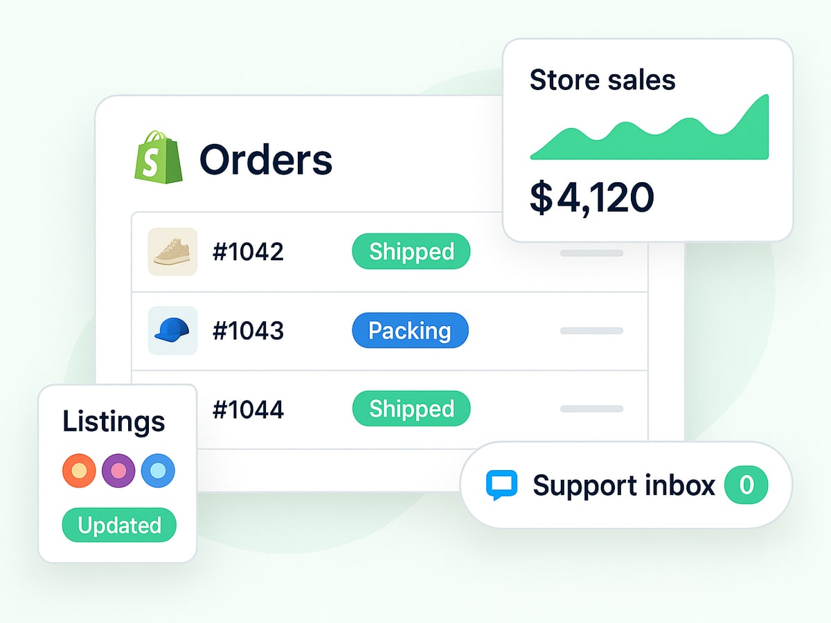 Shopify orders shipped and packing, store sales of $4,120, listings updated and the support inbox at zero