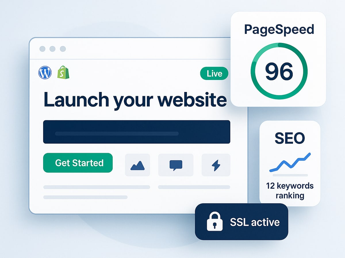 A launched website in the browser with PageSpeed 96, 12 keywords ranking and SSL active