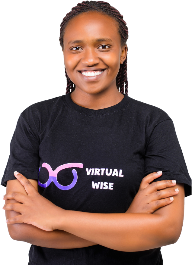 A Virtual Wise virtual assistant, arms crossed and smiling